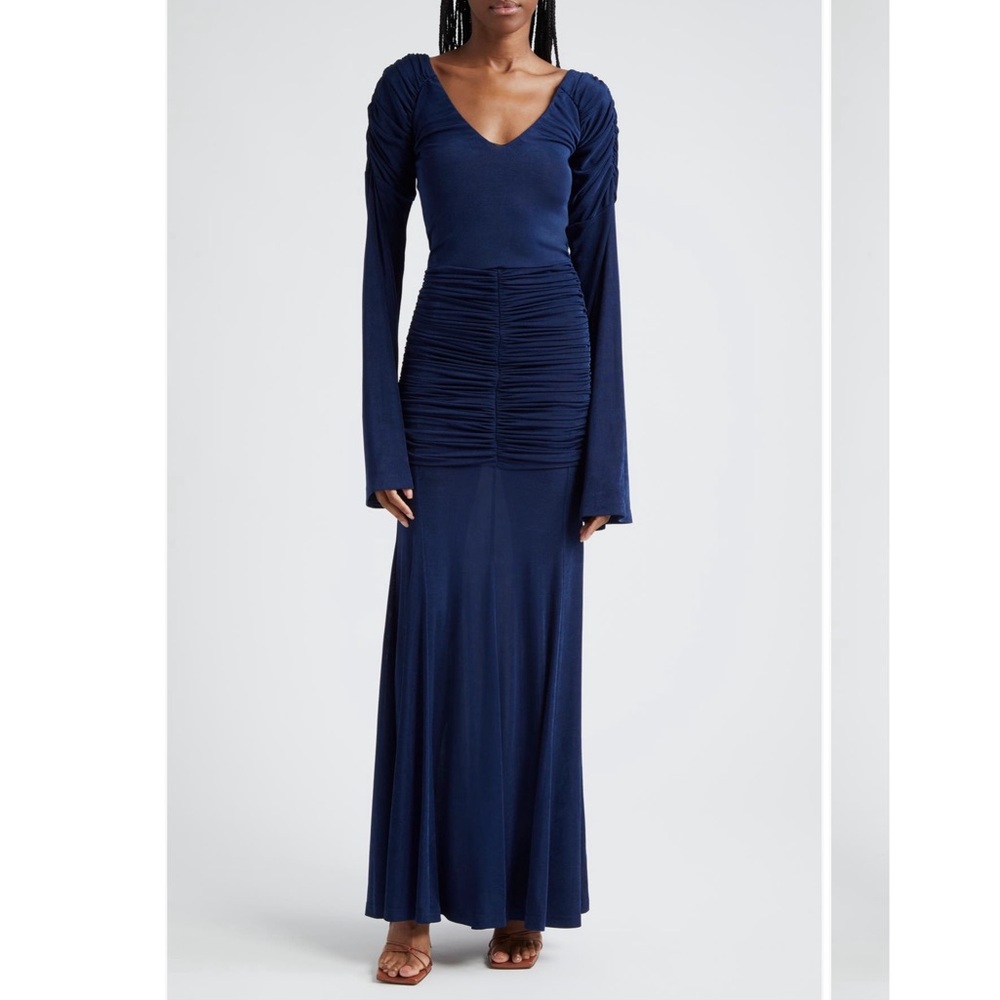 NWT NEW ORIRE Maya Ruffle Ruched Long Sleeve Elegant Navy Blue Maxi Dress 12